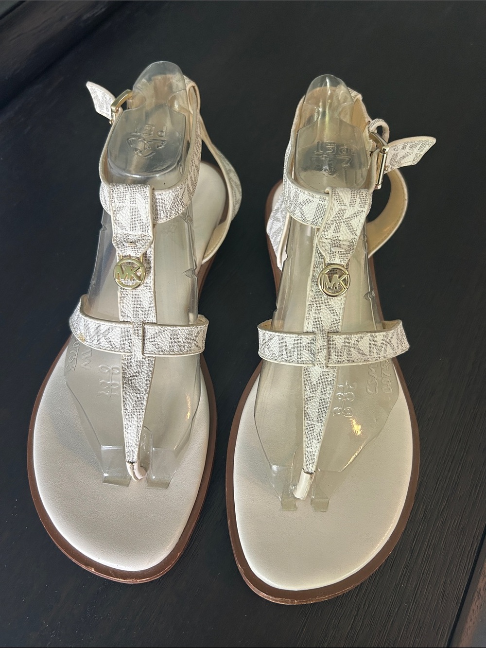 Michael Kors Metallic Silver T-Strap Logo Sandals